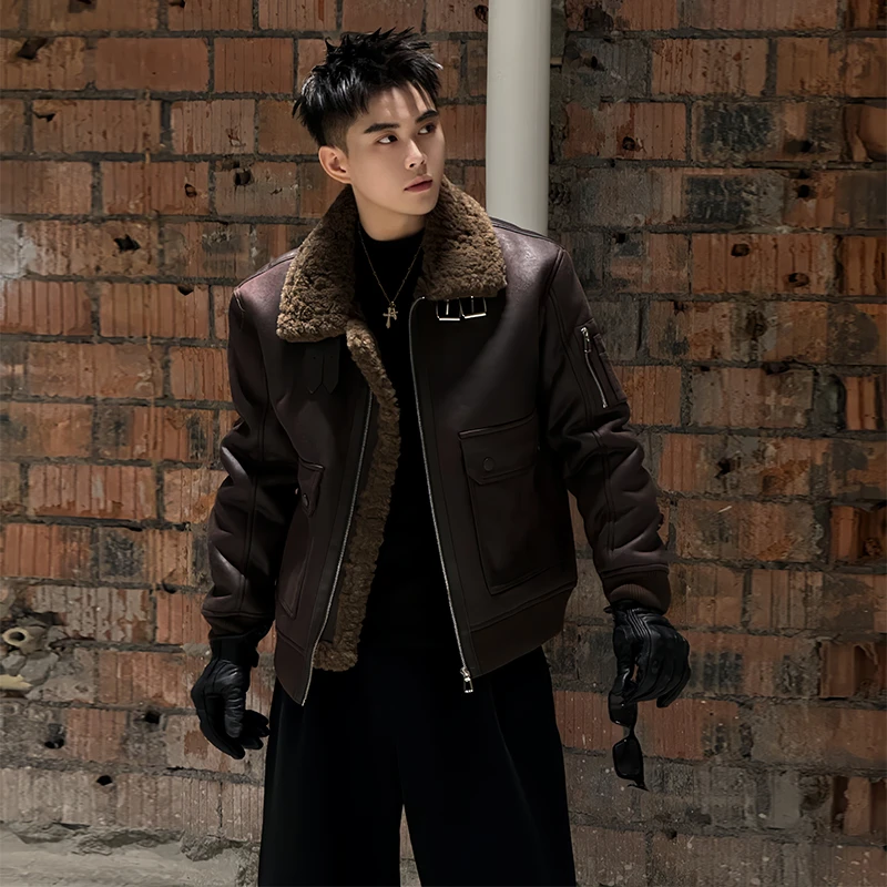 座山雕外套冬季韩版加厚百搭毛领棉衣时尚复古男士皮毛一体棉服男