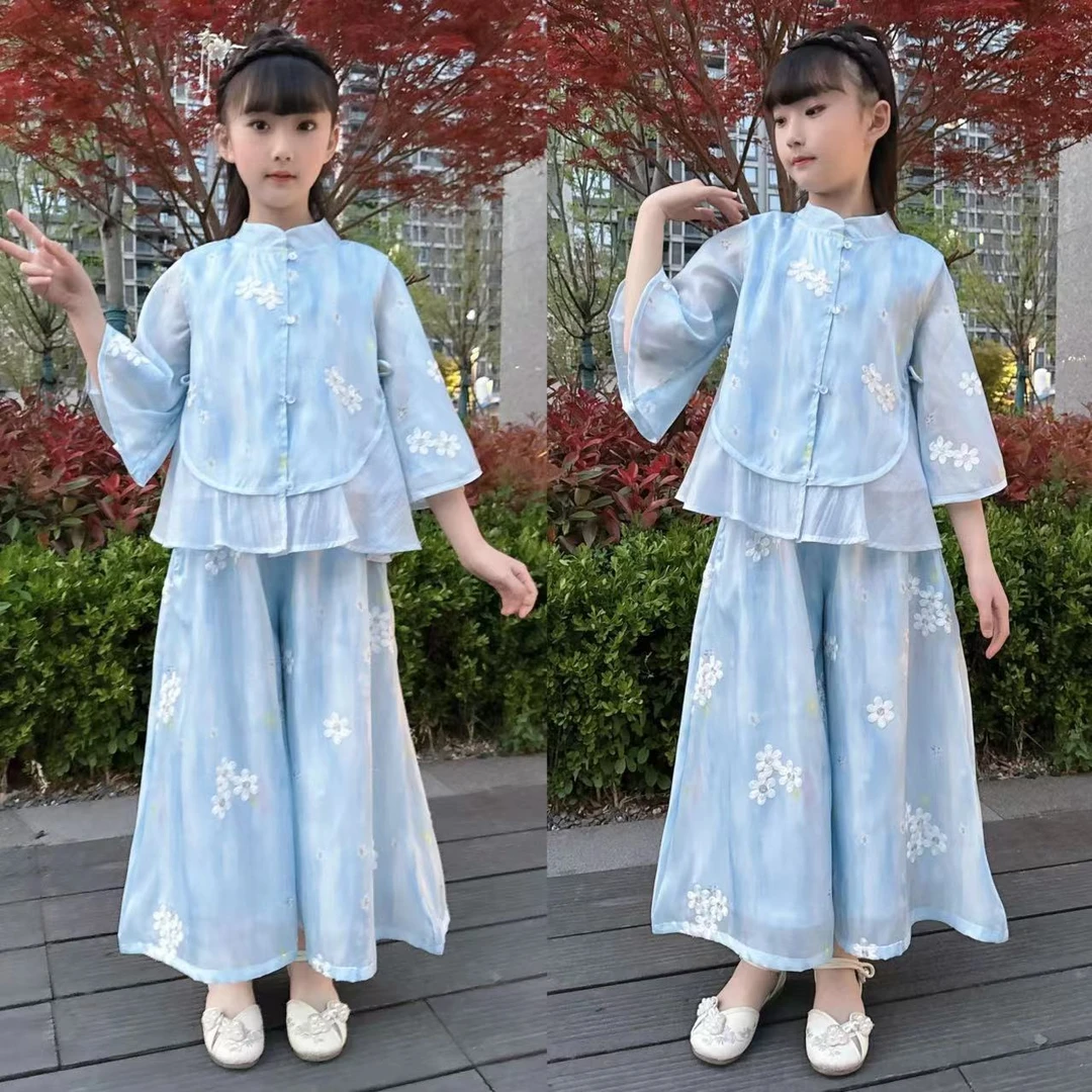 女童夏季女孩2025新款国风绣花气质优雅古典汉服裙裤两件套