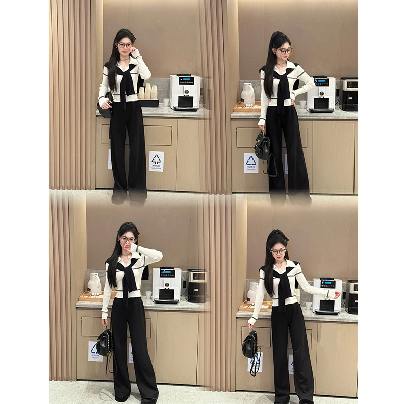 学院风洋气显瘦长袖披肩撞色针织衫休闲垂感阔腿长裤两件套套装女