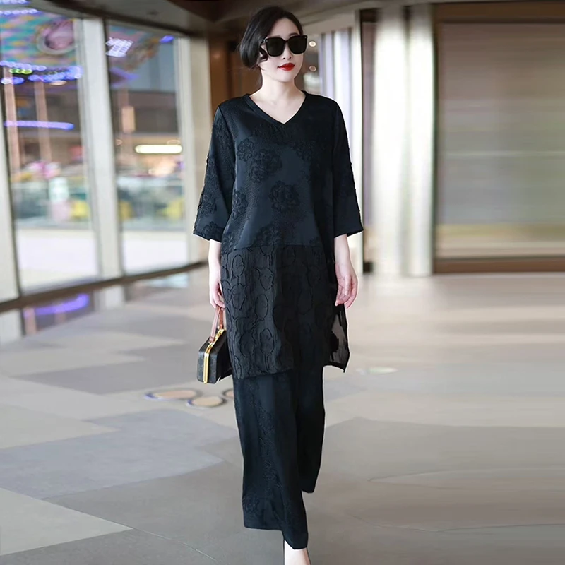 H夏季上新大码真丝醋酸提花拼接长款上衣宽松阔腿裤气质两件套装