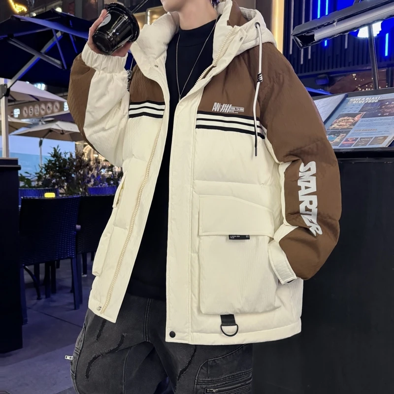 青少年冬季新款时尚羽绒服男士长袖外套拼色字母休闲短款宽松潮流