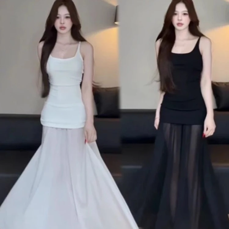 设计感网纱拼接吊带显瘦女夏季小众气质收腰长裙温柔风白色裙子