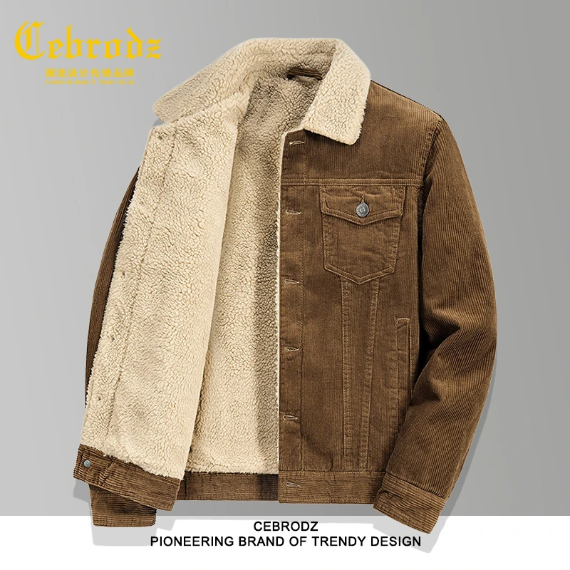法国Cebrodz灯芯绒外套男冬季加绒加厚棉服男士羊羔绒工装夹克潮