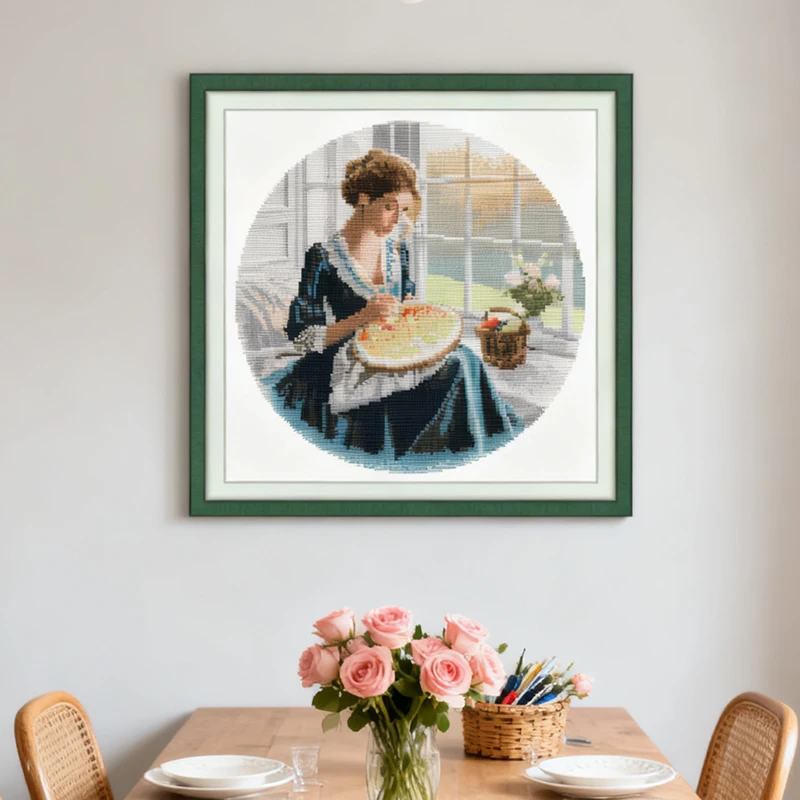 【ZD022窗台边的绣花女子】无勾边十字绣2025新款棉线印花人物画