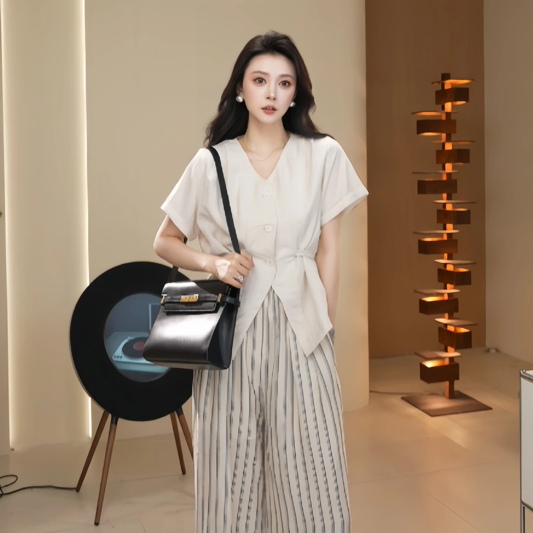 Basic House/百家好CSM小众设计感系带收腰衬衣条纹阔腿裤套装夏