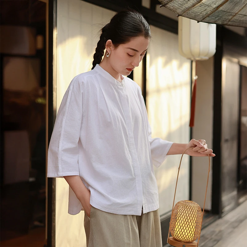 新中式白色立领衬衣春季新款衬衫女纯色高级感气质百搭七分袖衬衣