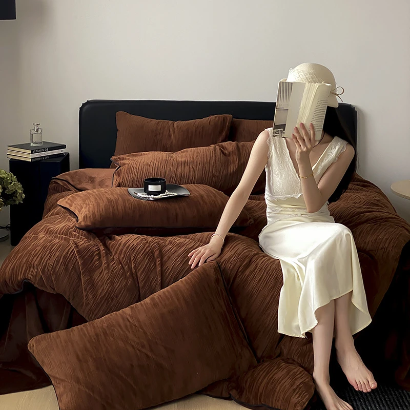 全消光日系A类简约雕花绒四件套立浮雕牛奶绒床品套件一件轻奢4