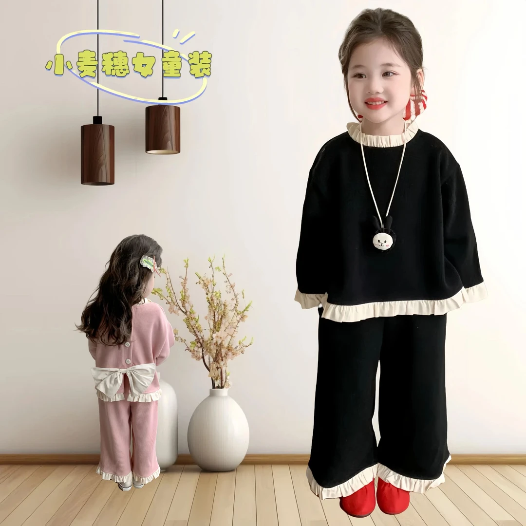 小女童套装春秋长袖洋气休闲潮流运动韩版蝴蝶结纯色花边时尚女孩