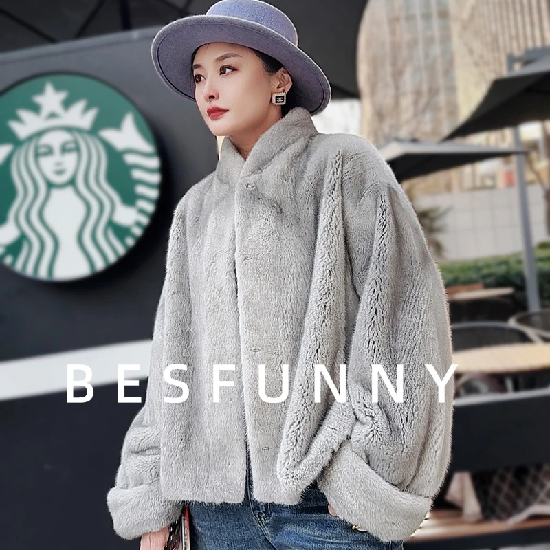 Besfunny蓝宝石本色短款立领2025年新款水貂皮草貂皮大衣外套女