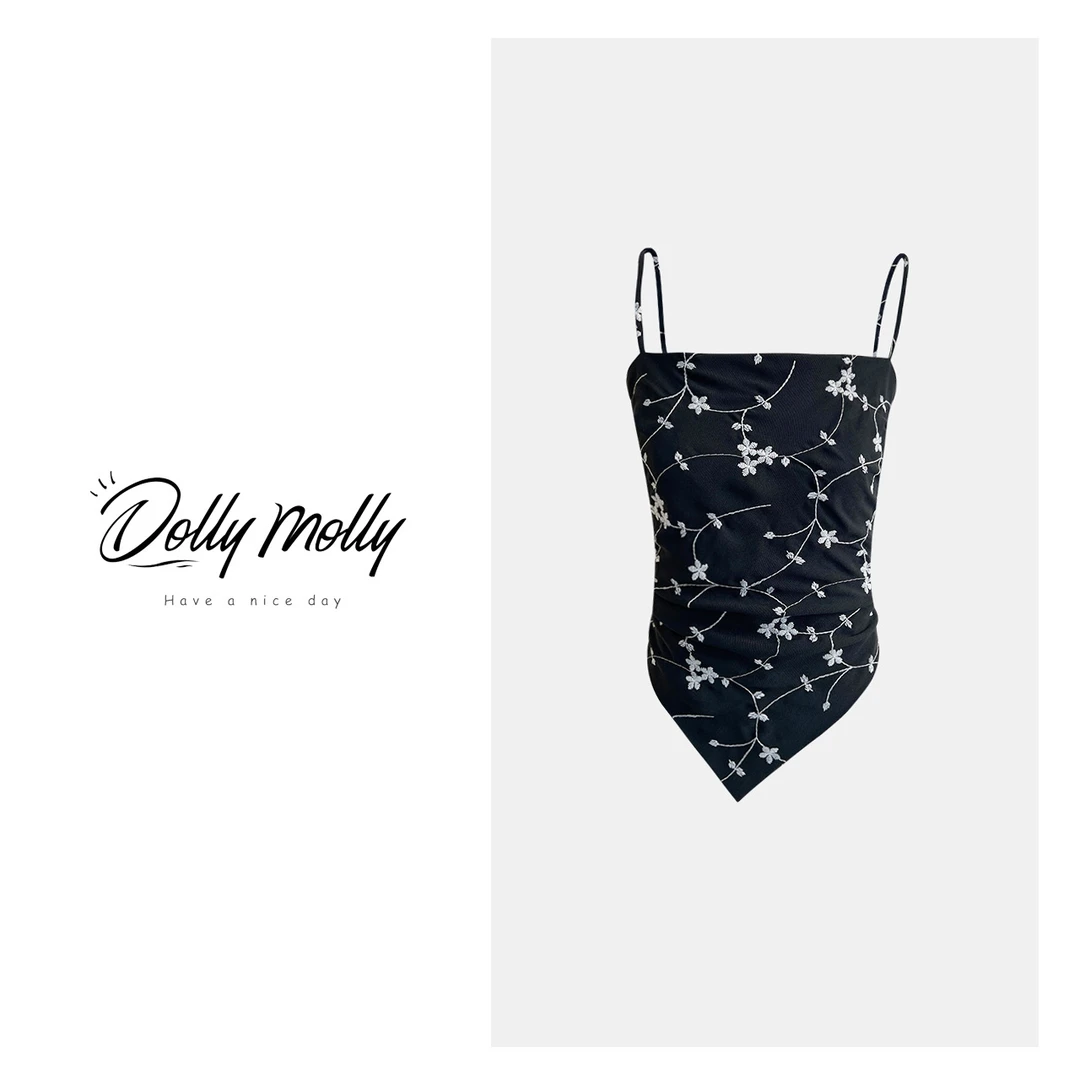 DOLLY&MOLLY法式刺绣花黑色肚兜吊带背心女士时尚特色重工 329