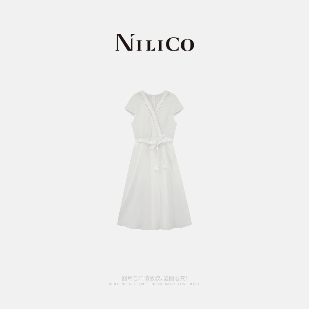 NILICO【清简】100%亚麻法式高级感气质轻奢V领系带收腰显瘦连衣裙