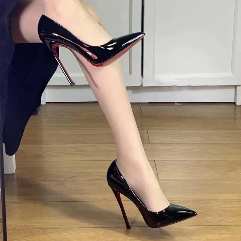 【FBZN官方正品】红底高跟鞋女黑色漆皮性感细跟尖头网红小众气质