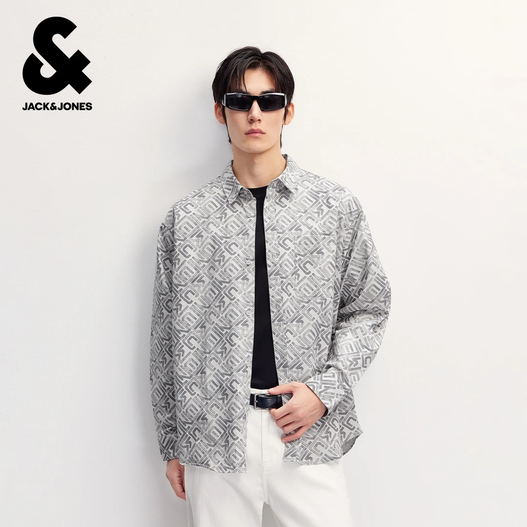 杰克琼斯秋季男士纯棉长袖衬衫黑白经典满印宽松老钱风男装高级感