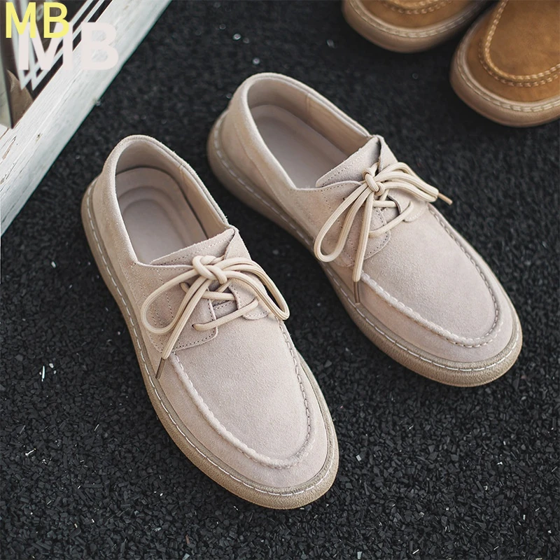 男鞋工装鞋夏季新款纯色手工缝制休闲百搭板鞋复古日系翻毛皮男鞋