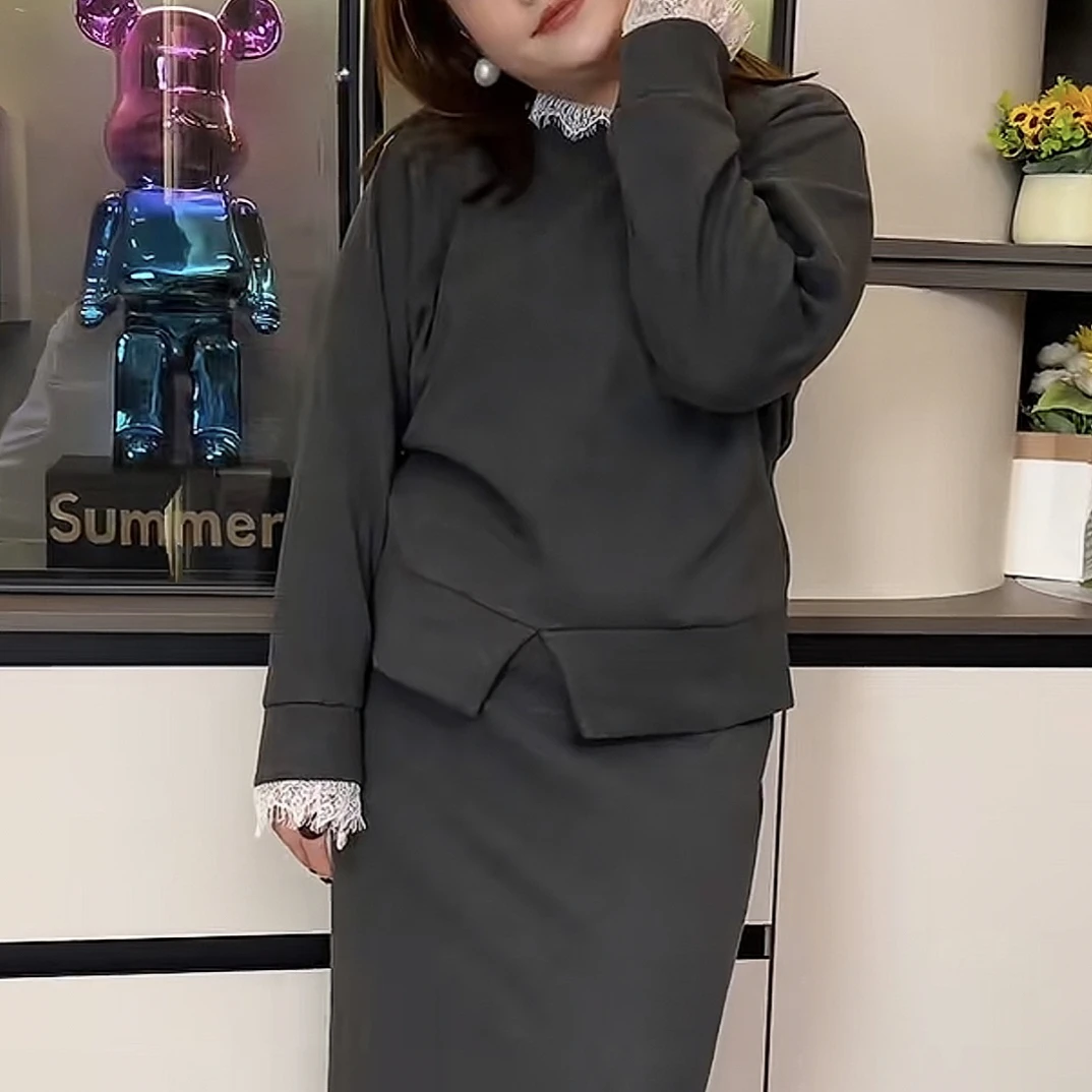 秋冬大码2025别致洋气设计感甜美时尚蕾丝领上衣+半裙套装8861