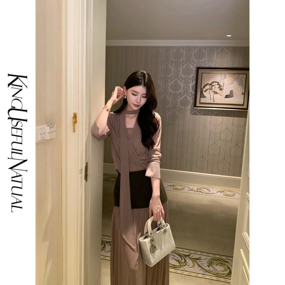 KUN【乌木沉香】摩登姐系 定制藕粉色纱垂坠斜摆飘优雅显瘦套装