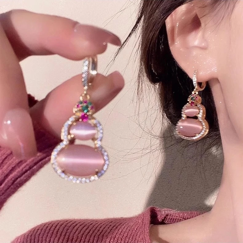 黄铜锆石耳饰 新中式国风葫芦耳钉女轻奢高级感微镶锆石猫眼石耳