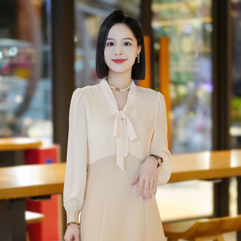 罗美拉 新款轻奢法式优雅高级感V领蝴蝶结显瘦连衣裙#599