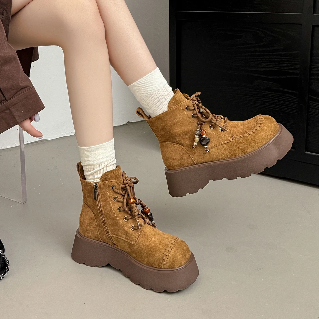 真皮厚底短筒马丁靴女秋冬新款百搭圆头系带防滑舒适休闲时尚短靴