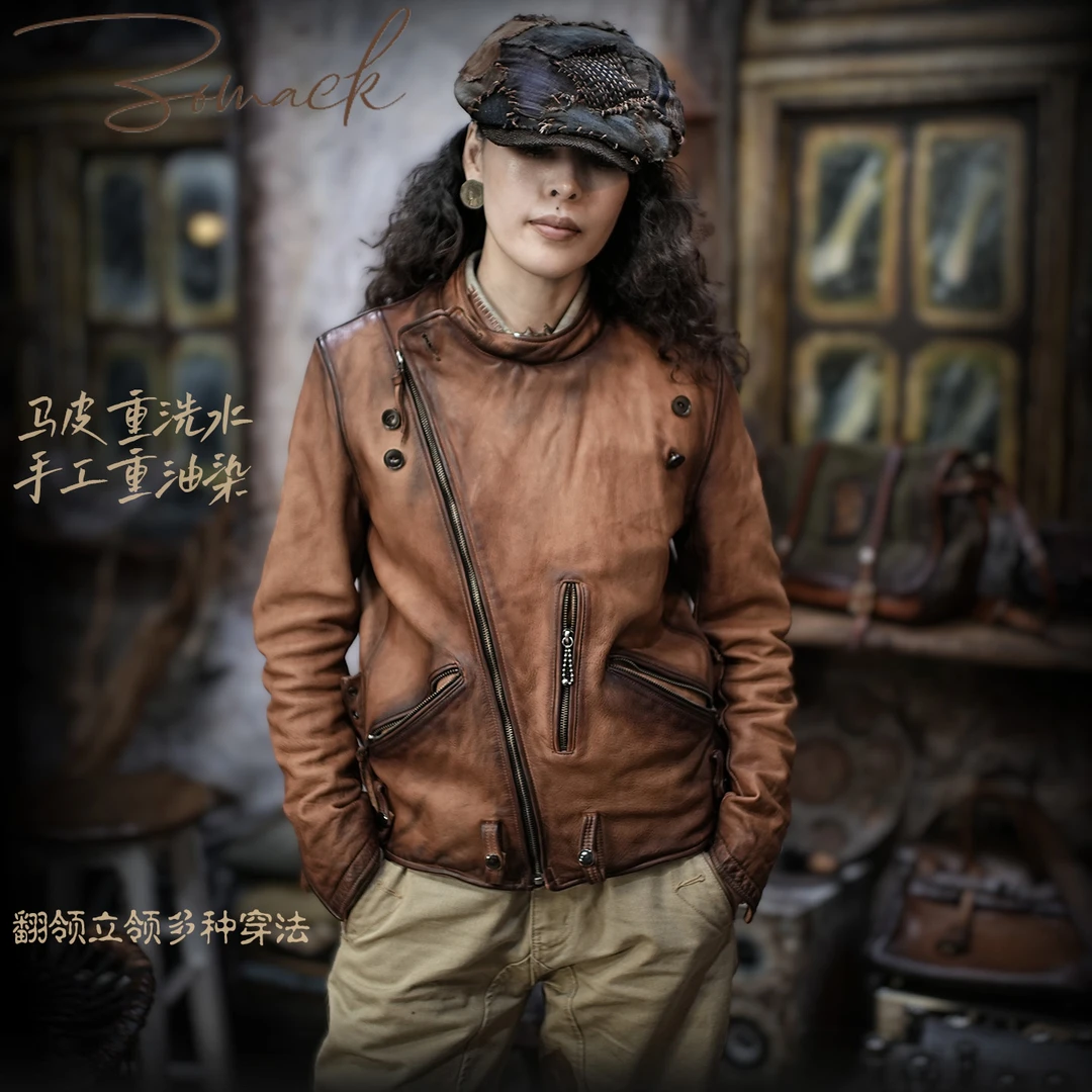老钱风皮衣马皮古董猎装立领复古机车翻领艺术擦色男士真皮夹克