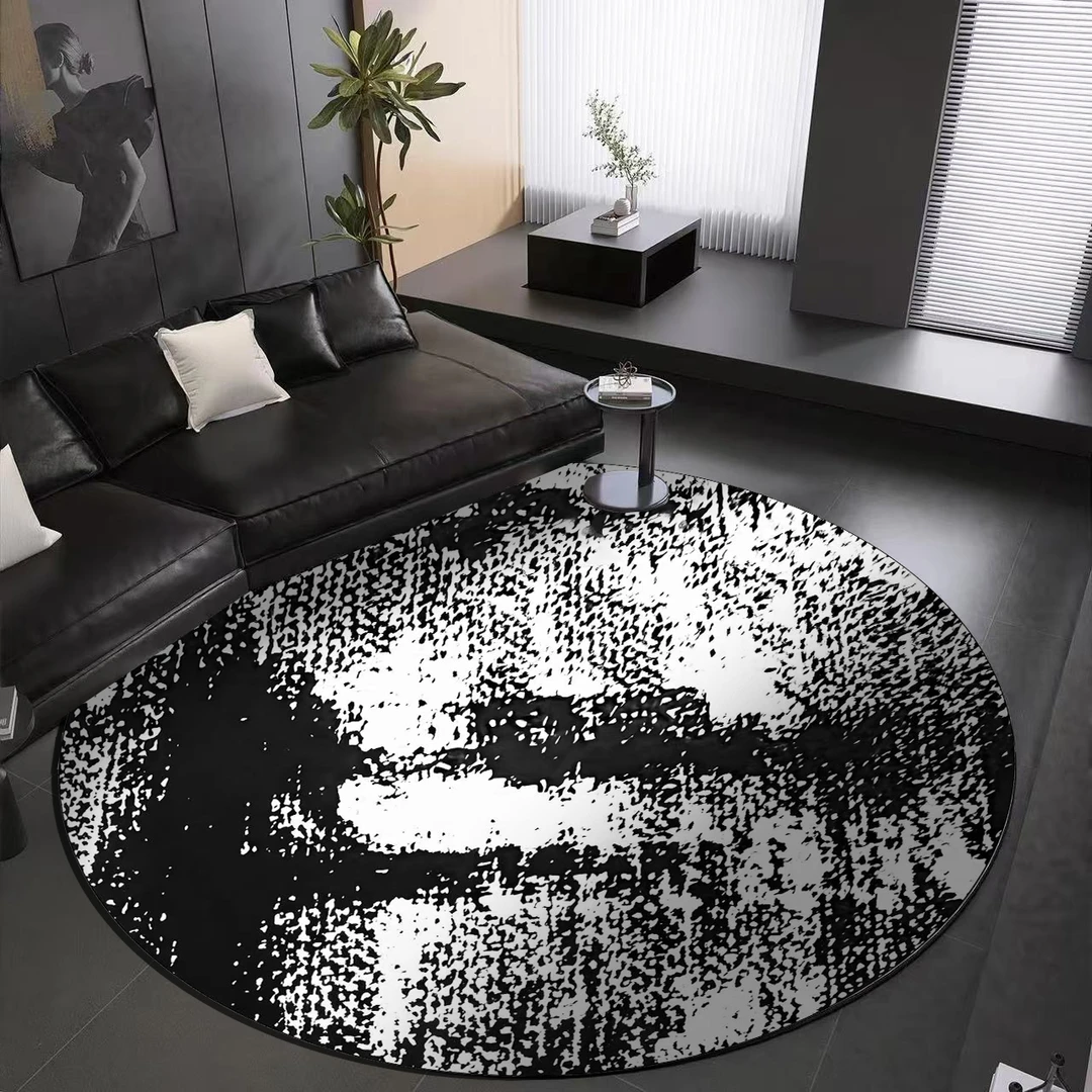 现代简约抽象圆形防水卧室地毯高级黑白色耐脏客厅沙发茶几毯