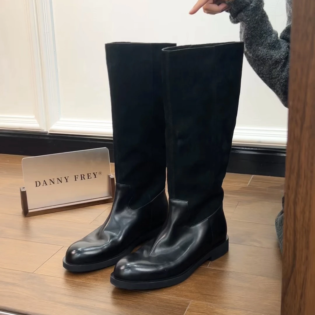 Dannyfrey英伦风复古骑士靴圆头粗跟长筒靴百搭修腿高级高筒靴3CM