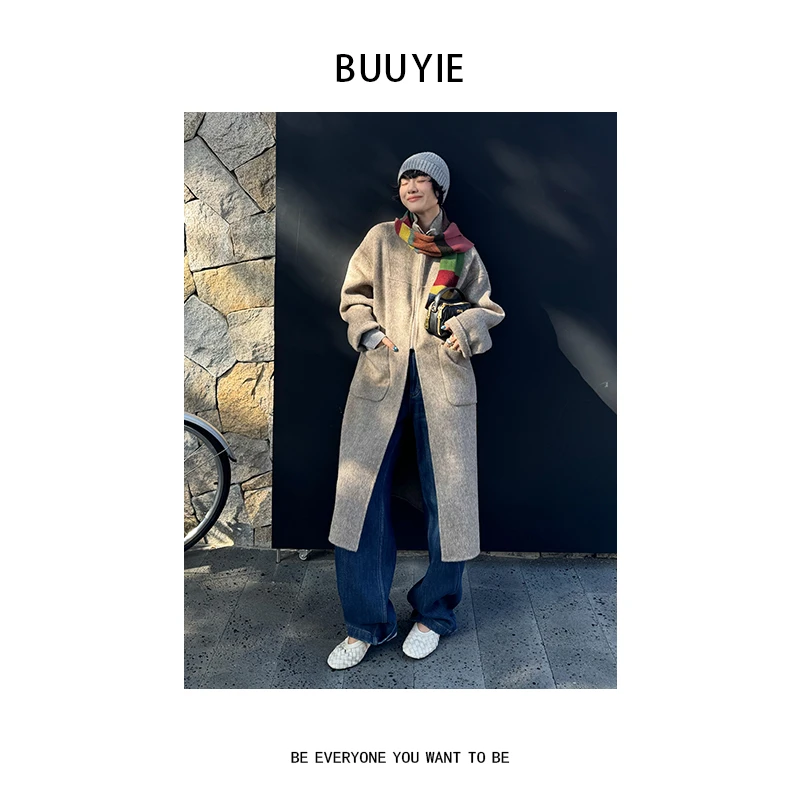 BUUYIE【浅言】冬季韩系设计感拉链宽松极简羊毛呢子大衣外套251354