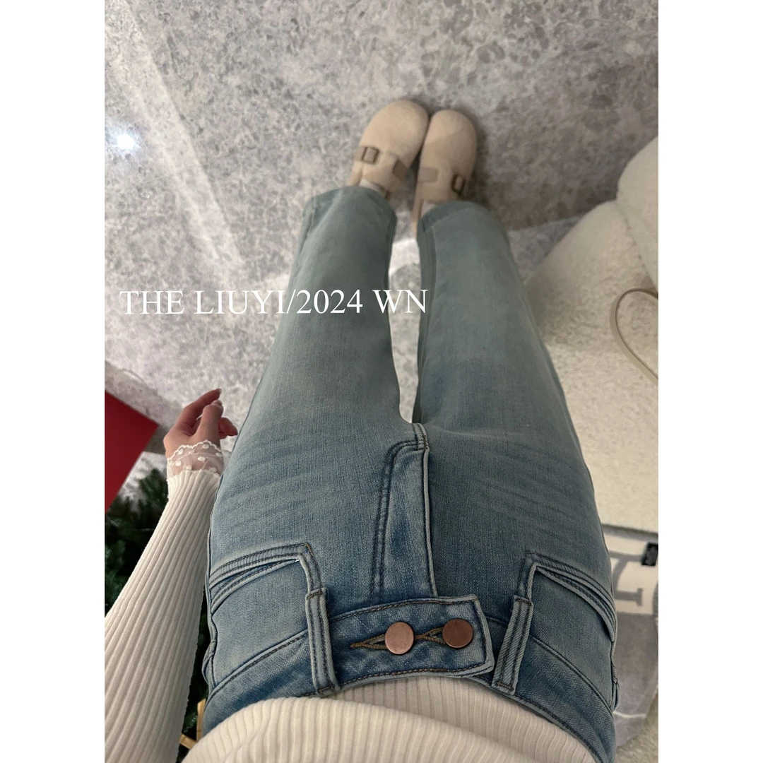 【LIUYI】气质牛仔~冬季加厚绒高腰烟管九分裤412193