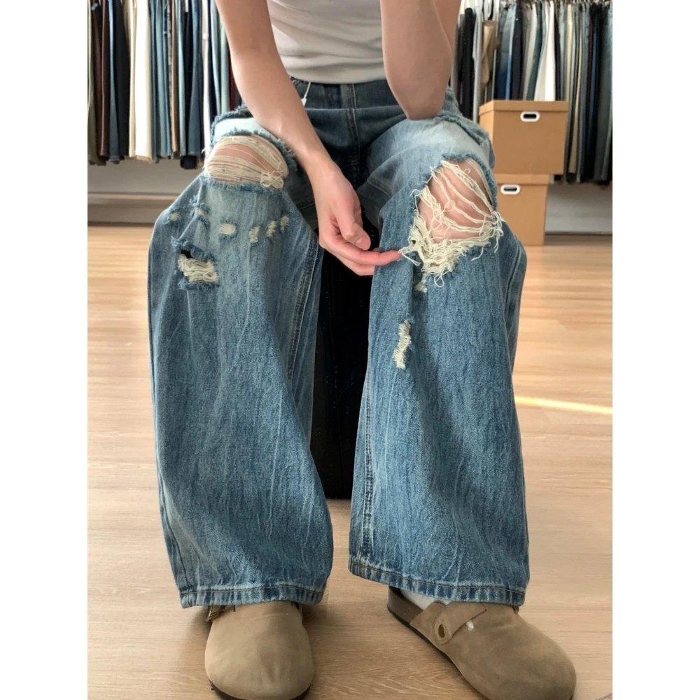 大码美式复古蓝破洞牛仔裤女2025春季新款高腰宽松显瘦垂感直筒裤