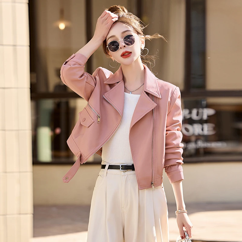 机车西装领皮衣短外套女2025春季新款高级感小个子气质皮夹克上衣