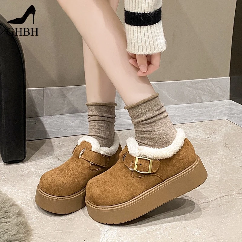设计感加绒勃肯鞋女冬季新款厚底毛毛皮带扣一脚蹬保暖棉鞋女