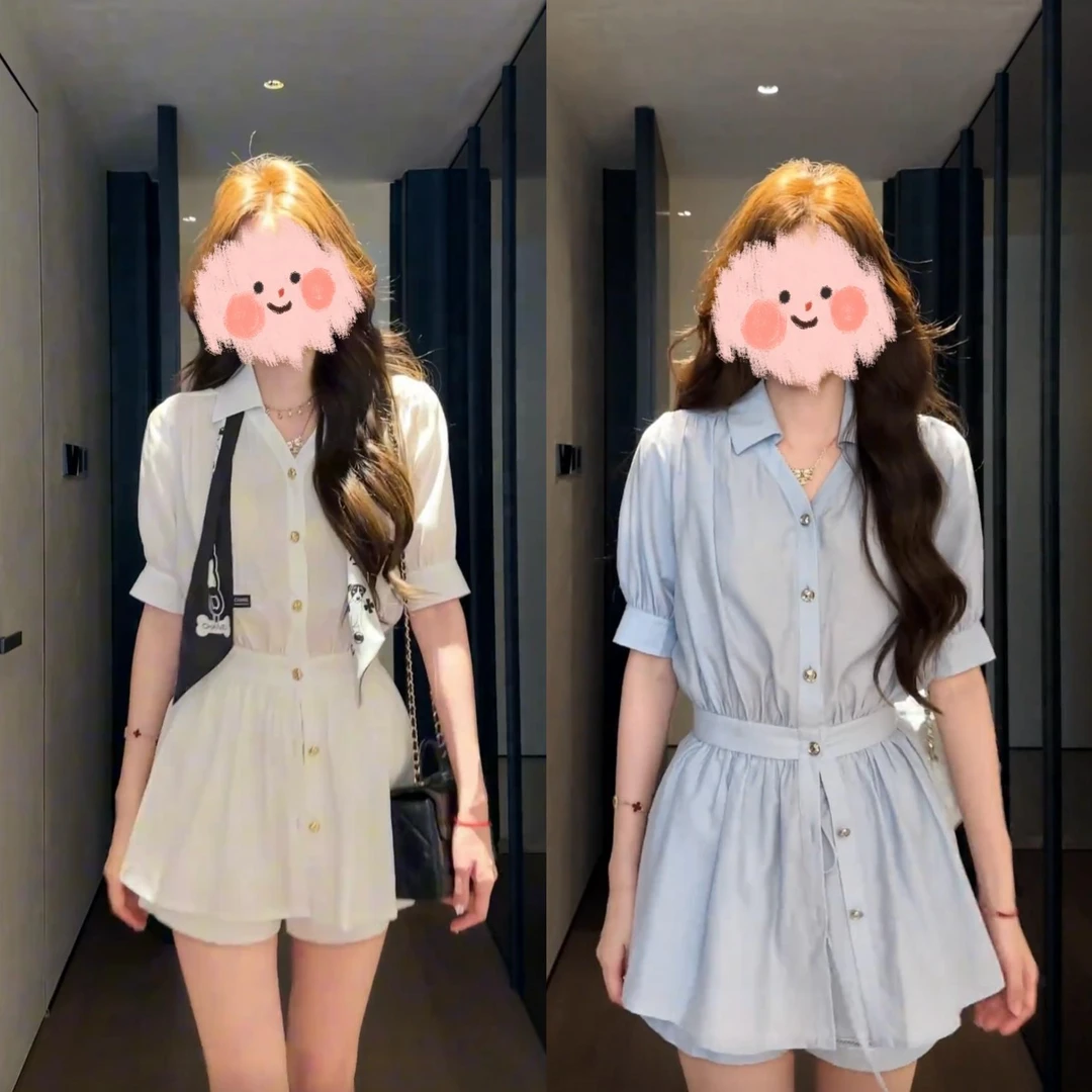 2025夏季新款时尚套装时尚小众连衣裙休闲风短袖小个子高腰上衣女