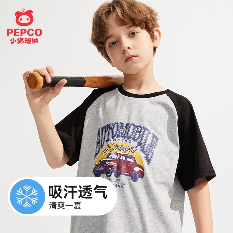 小猪班纳儿童舒适印花T恤夏新款上衣宽松夏中大童运动插肩袖上衣