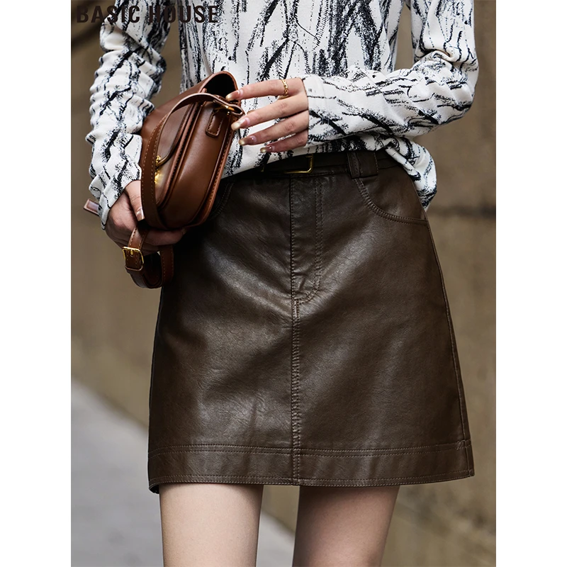 Basic House/百家好复古包臀半身裙高腰显瘦A字小皮裙女2026秋季