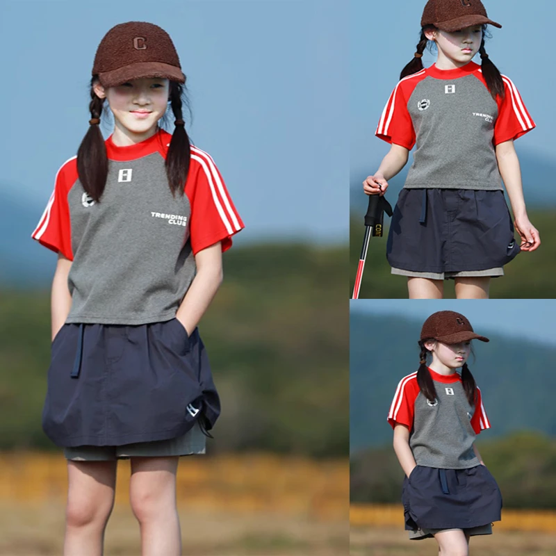 夏季女童套装休闲短裤裙儿童范休闲户外薄款tT恤假两件裙裤两件套