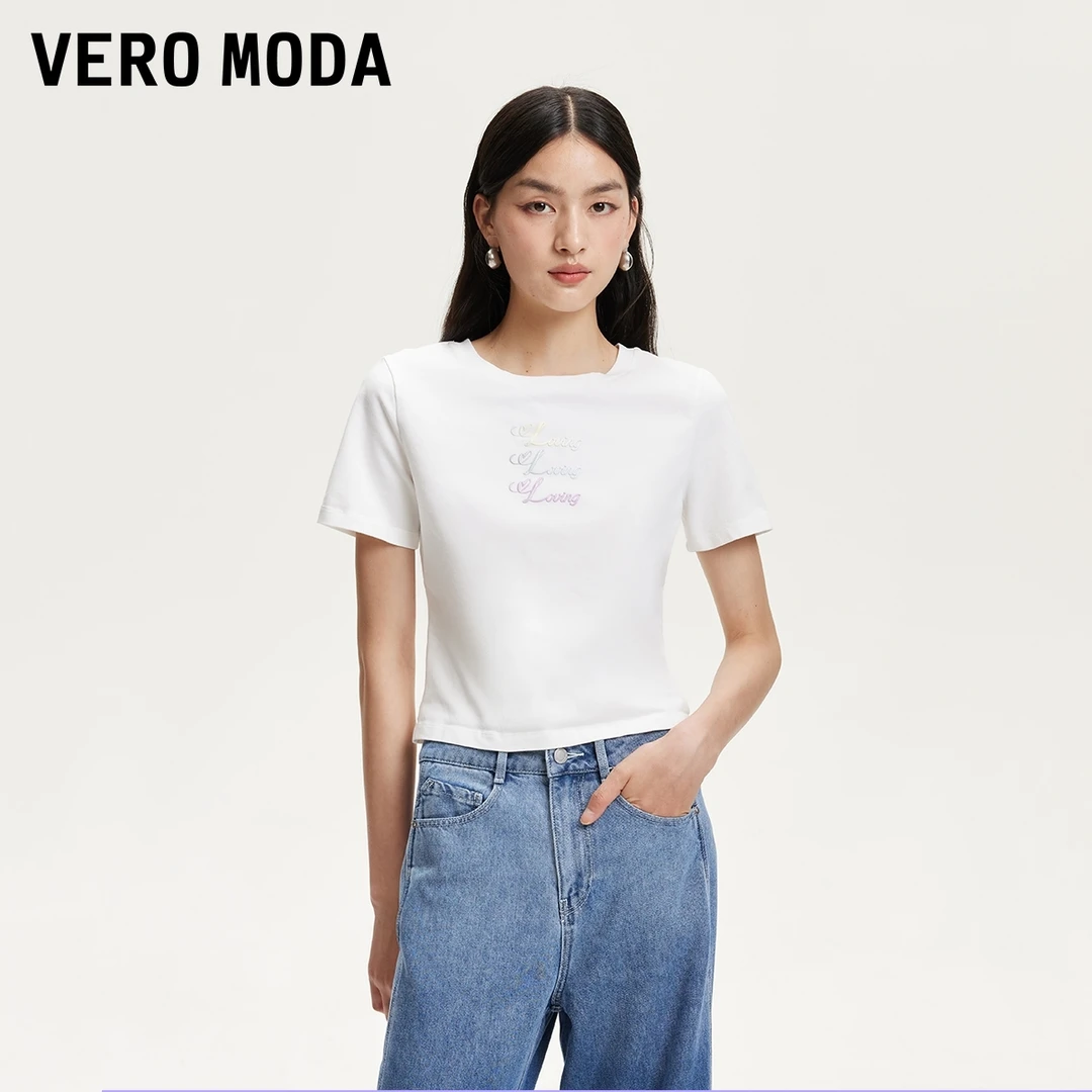 Vero ModaT恤2025夏日穿搭百搭时髦英文装饰修身短袖325201044