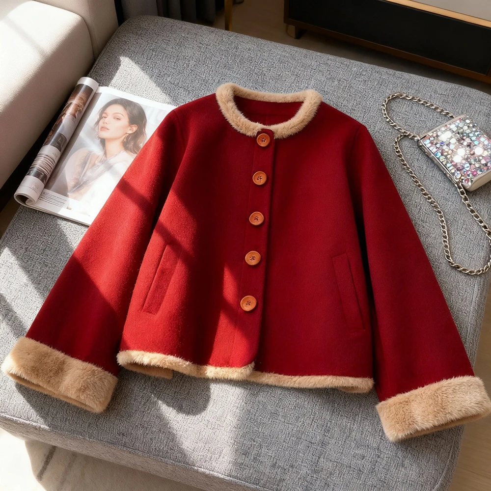 2025冬季爆款高级感红色毛呢外套女新中式国风气质圣诞节复古上衣