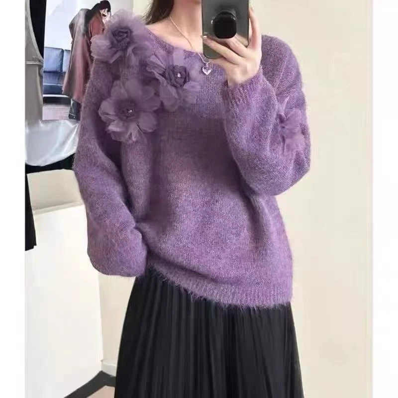 超美超仙立体花朵拉绒毛衣女高级氛围感秋冬新款针织衫打底衫毛衣