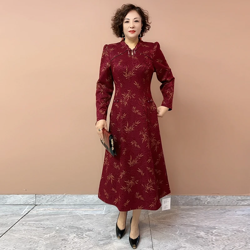 时尚新款中老年宽松旗袍连衣裙秋季妈妈过膝印花显瘦洋气大码裙子