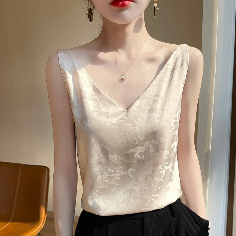 女士夏季缎面丝滑国风提花新国风小马外穿百搭打底双肩带吊带背心
