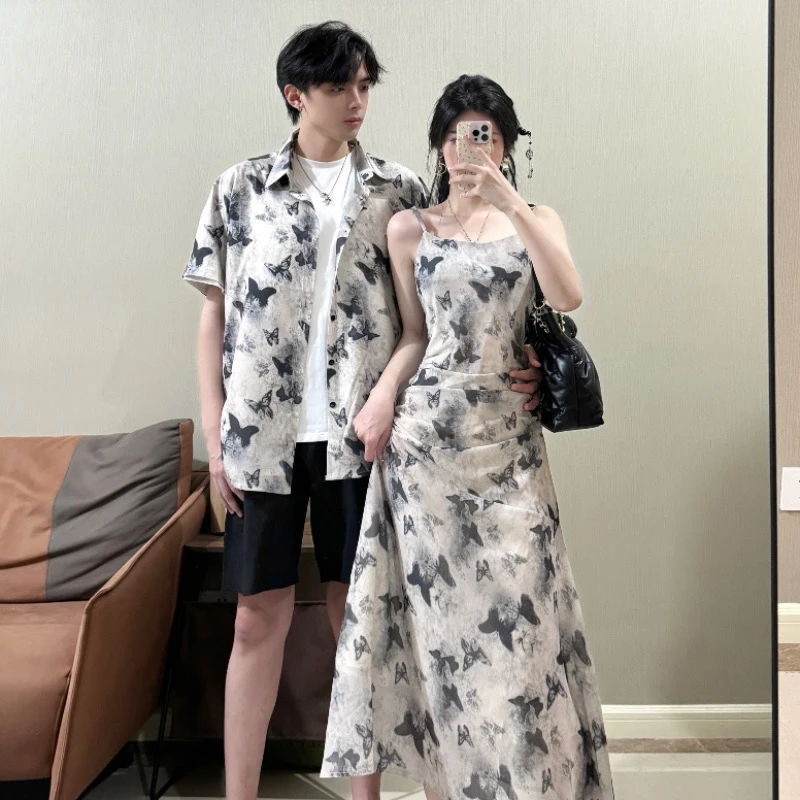 情侣装夏装2025新款法式温柔风一裙一衣设计感蝴蝶印花度假连衣裙