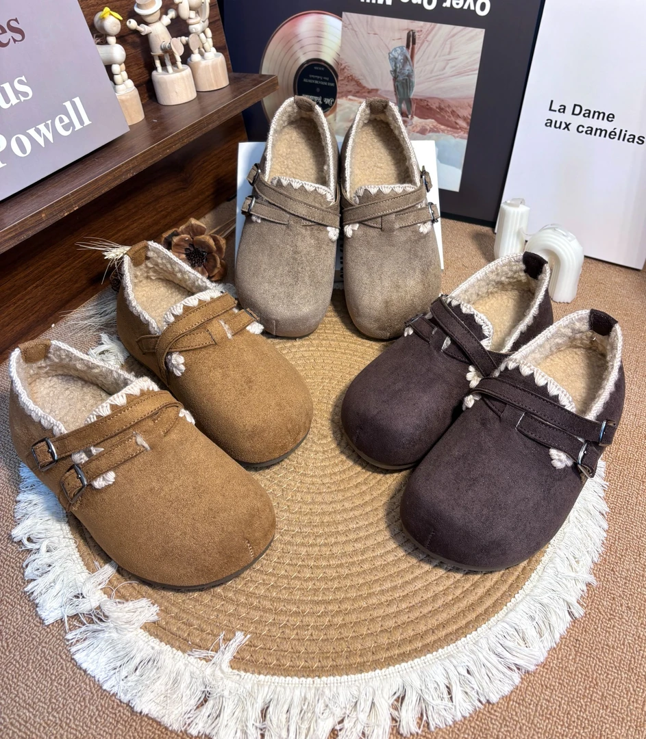 【乐芙兰】刺绣勃肯加绒修面秋季深口平底加绒刺绣勃肯单鞋百搭保暖