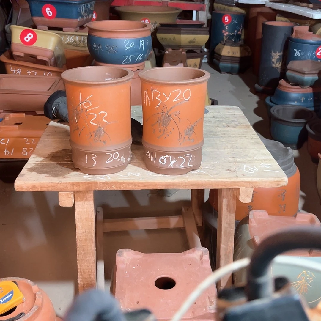 紫砂花盆竹节盆两个