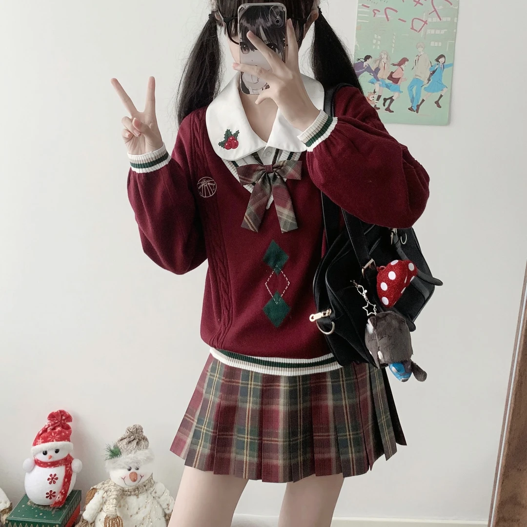 【叮当】新年JK套装女原创设计秋冬针织红色毛衣JK制服格裙学院风