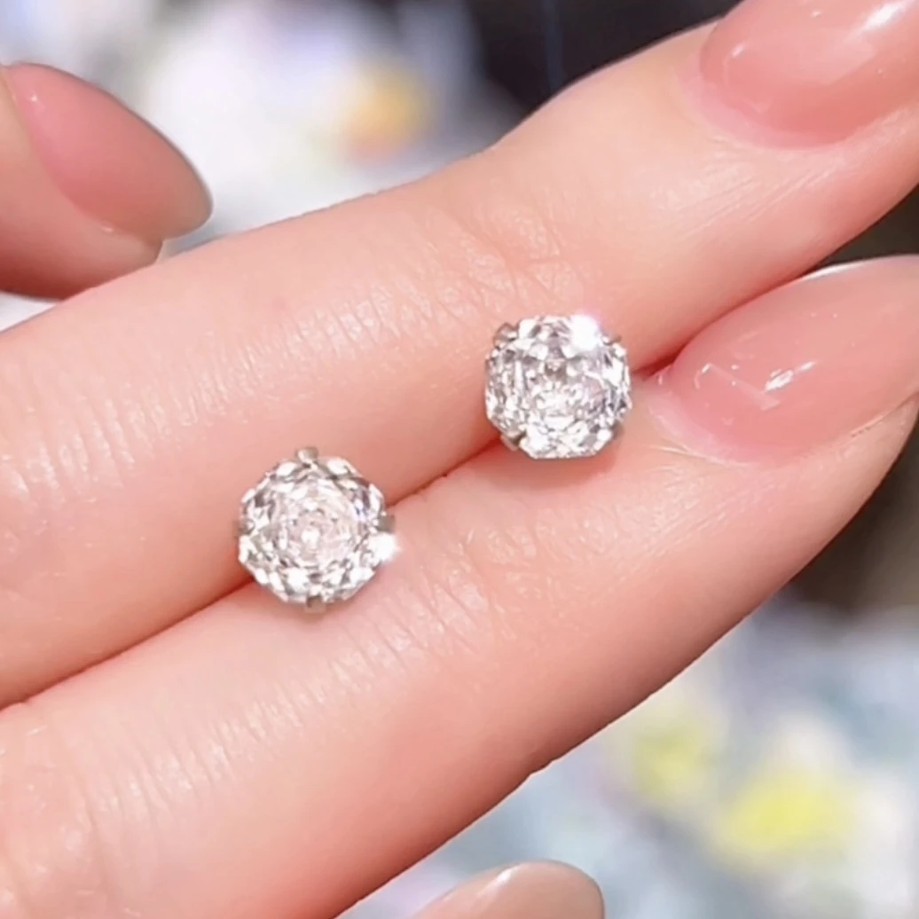 925银耳饰 S925纯银玫瑰切爆闪单钻耳钉养耳朵百搭经典气质不掉色