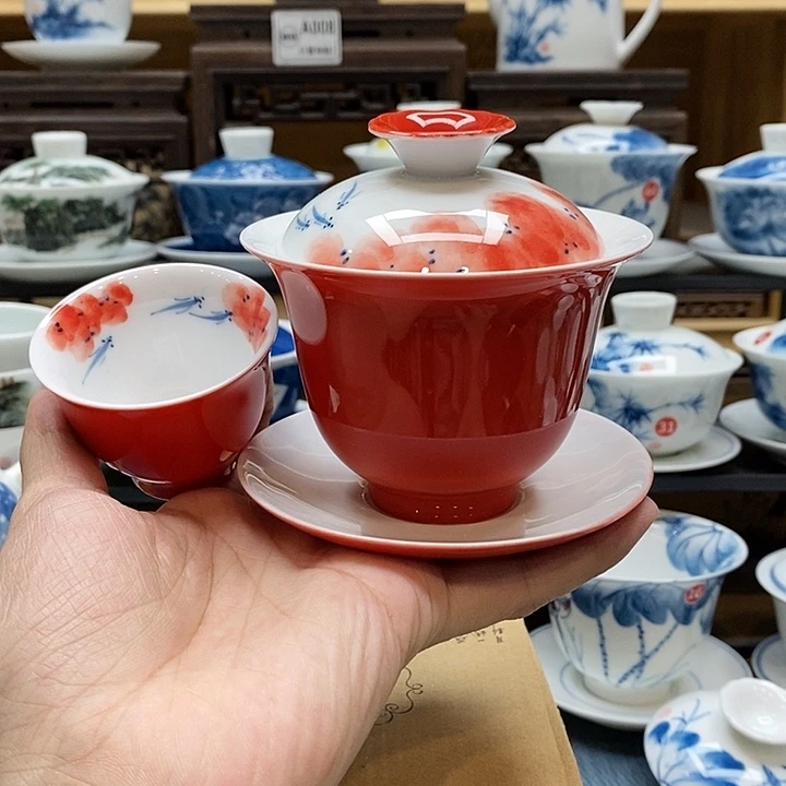 手绘龙船花盖碗160cc釉下彩微瑕福利款