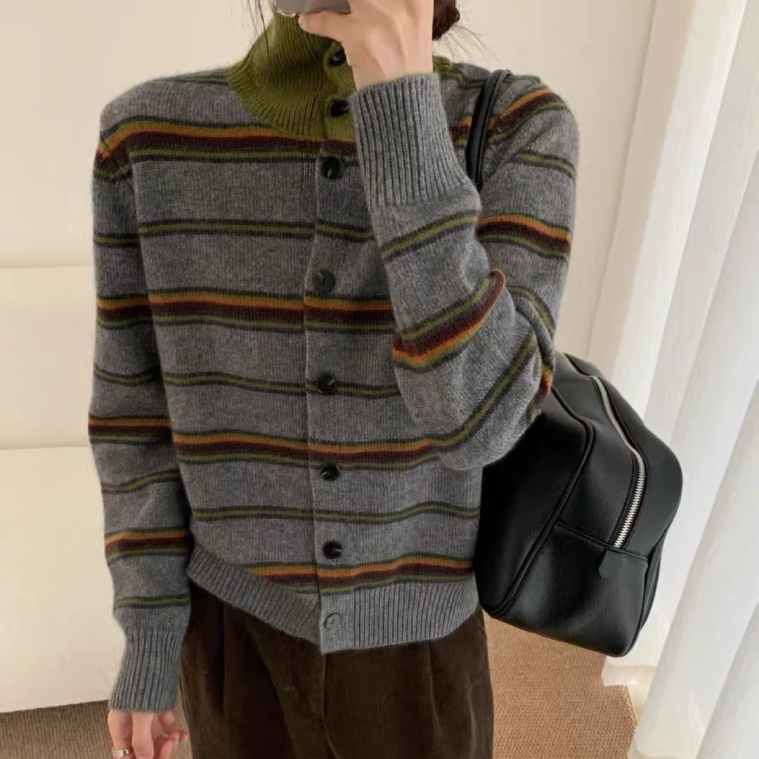 高级感条纹高领毛衣外套女2025新款秋冬加厚针织开衫软糯百搭上衣
