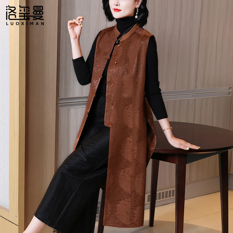 洛玺曼中长款马甲女遮屁股洋气国风妈妈装秋季薄款大码香云纱外套