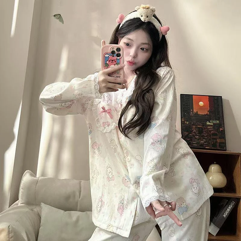 【长袖长裤学生蕾丝】女士春秋季长袖可爱卡通睡衣套装可外穿家居服