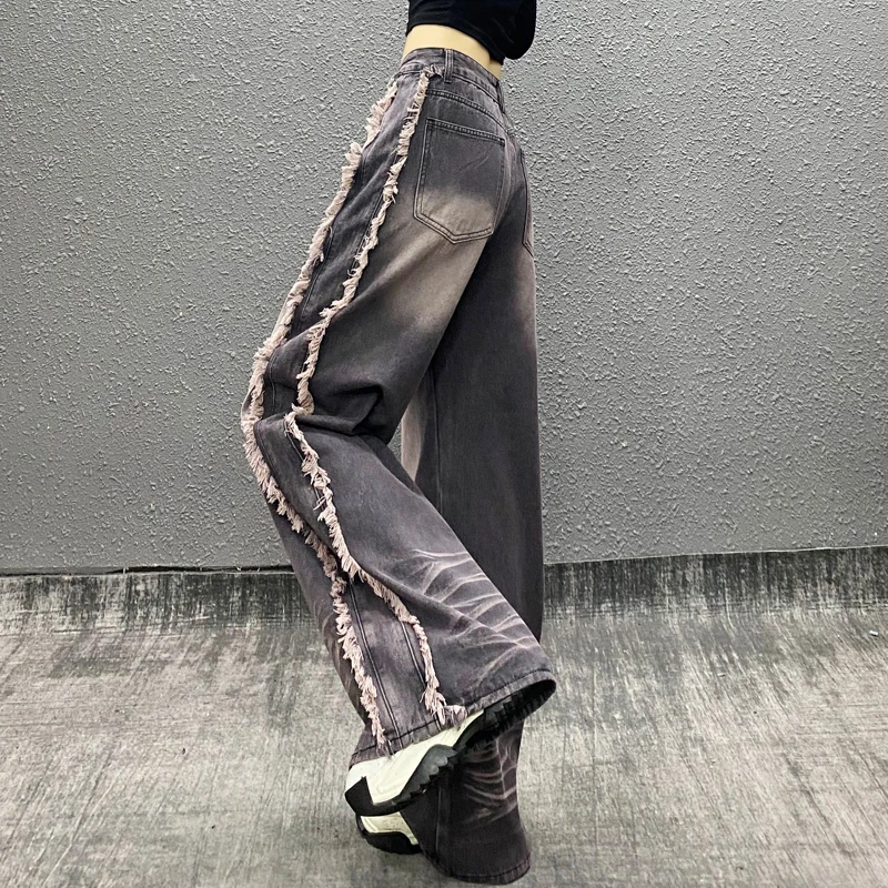 帅气毛边设计垂感牛仔裤女春新款高腰宽松显瘦百搭直筒阔腿拖地裤